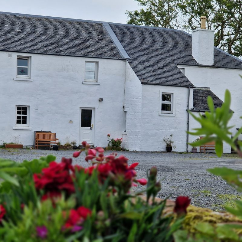 White Cottage, with flowers outside