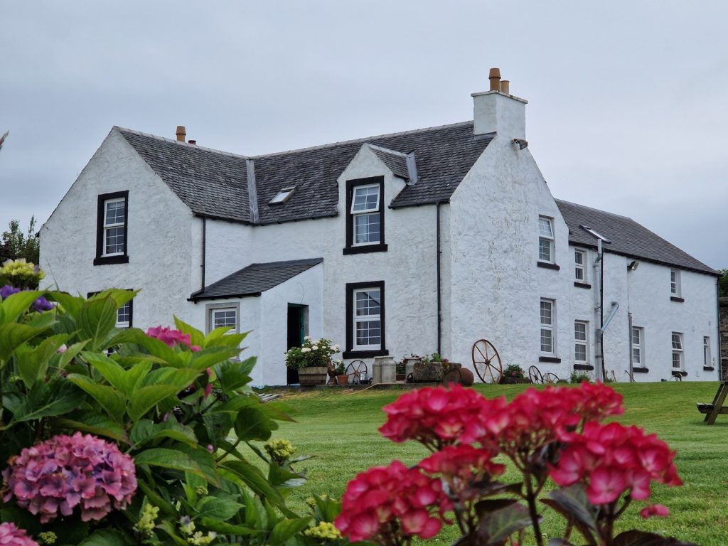 A large house with grass and flowers in front of it