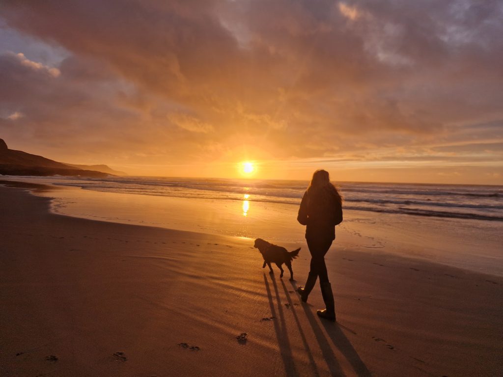 Lady and dog walking on beach