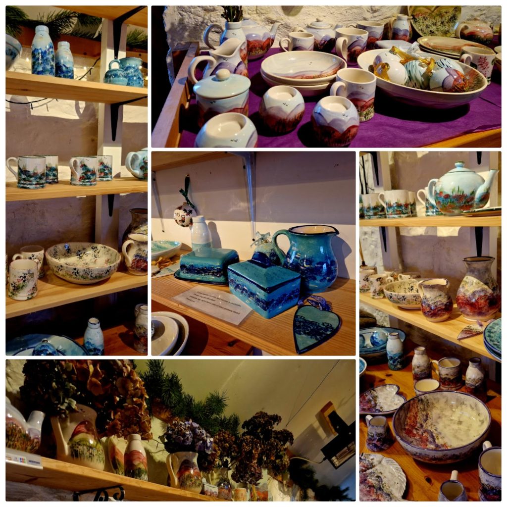 A collage of 5 photos each showing shelves stocked with bolws and vases and tealight holders and butter dishes.