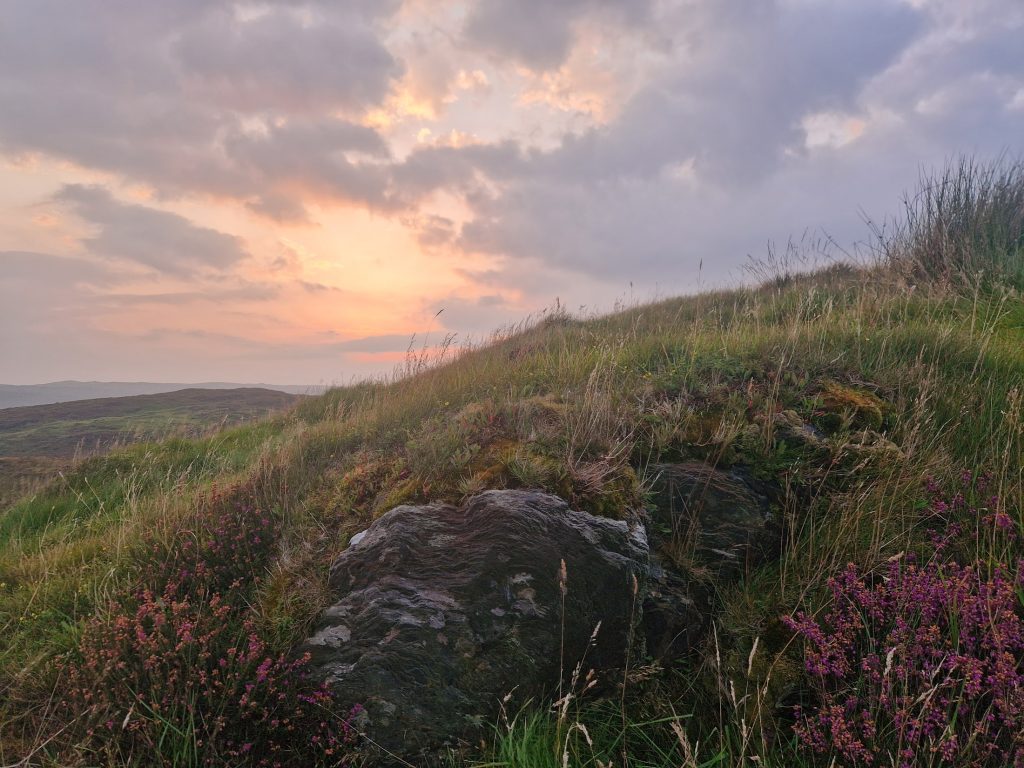clouds in the sky. Rocks and grass