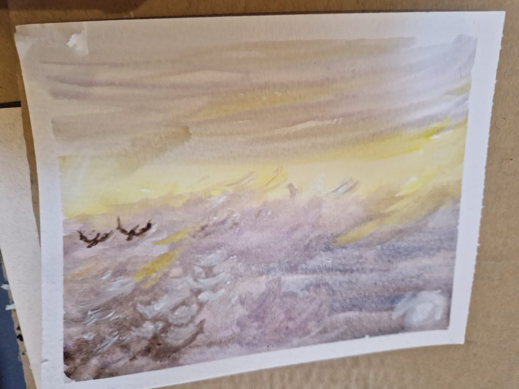 A painting of birds flying across the waves